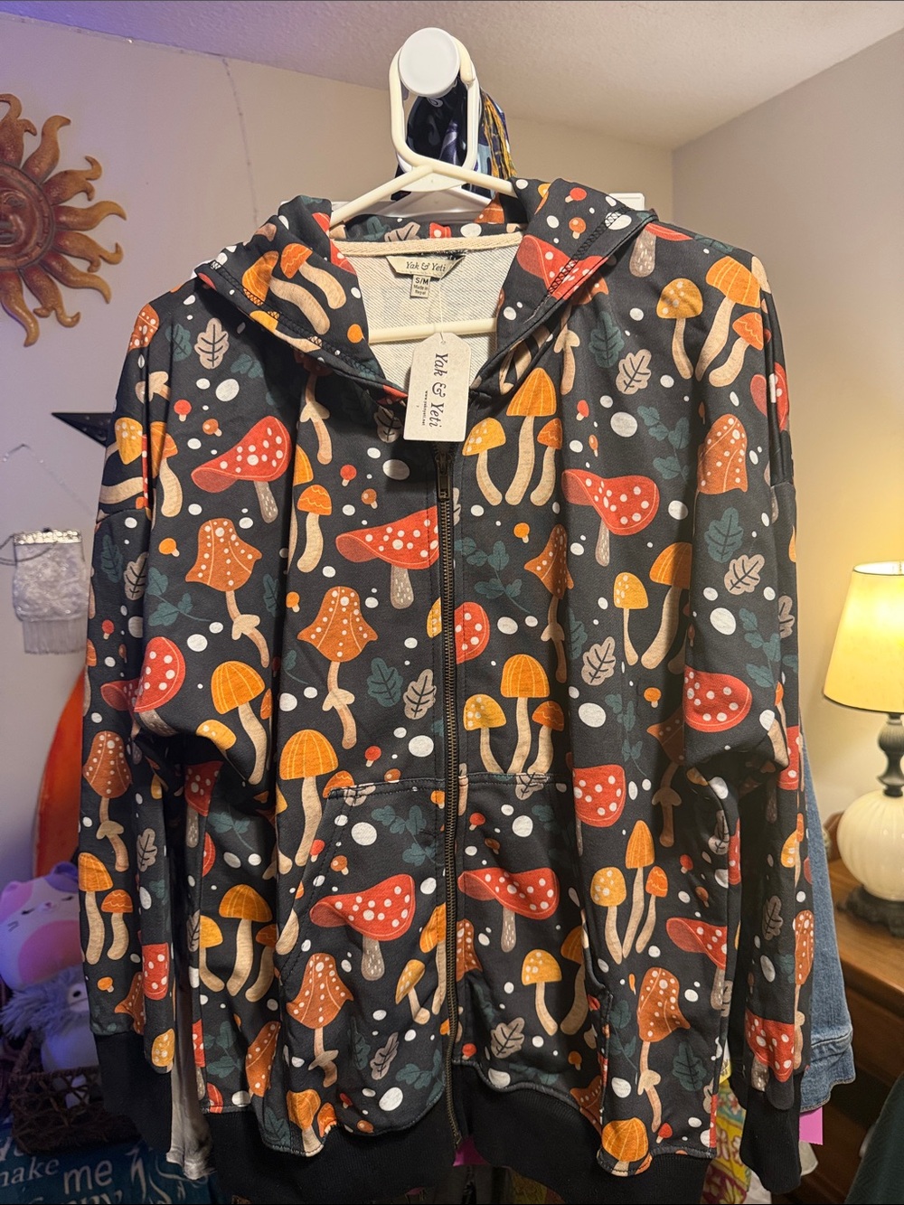 Yak &Yeti Black Mushroom Print Zip Hoodie